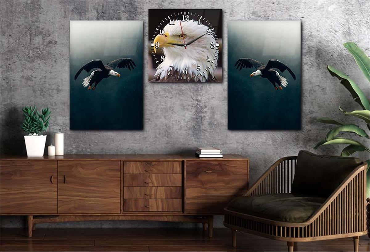 Eagle Tempered Glass Wall Art Set with Clock