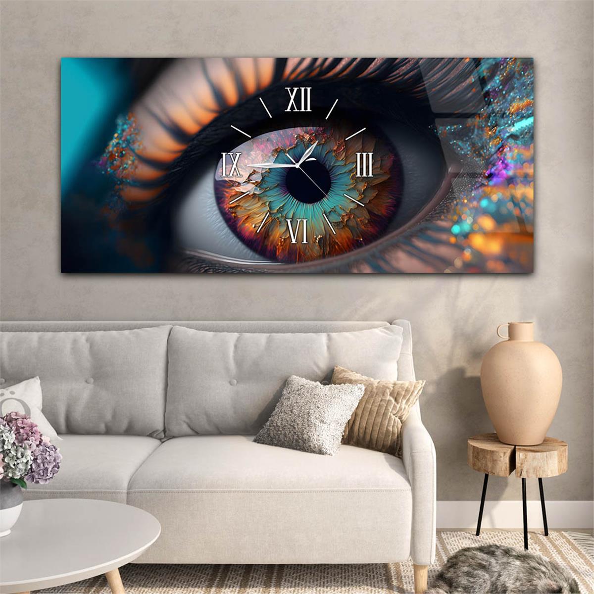 Yatay Ortadan Saatli  Sanat ve Doğa Temalı Cam Tablo 098