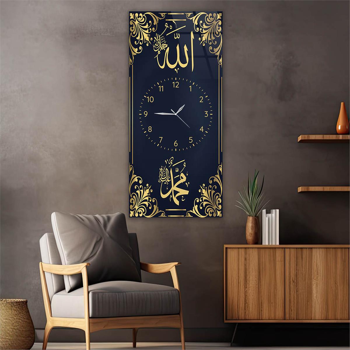 Vertical Religious Themed Glass Wall Art with Clock at the Center 020