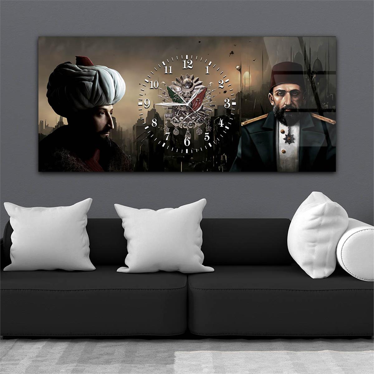 Fatih Sultan Mehmet Han Abdülhamit Han ve Osmanlı Tuğralı Saatli Cam Tablo 076