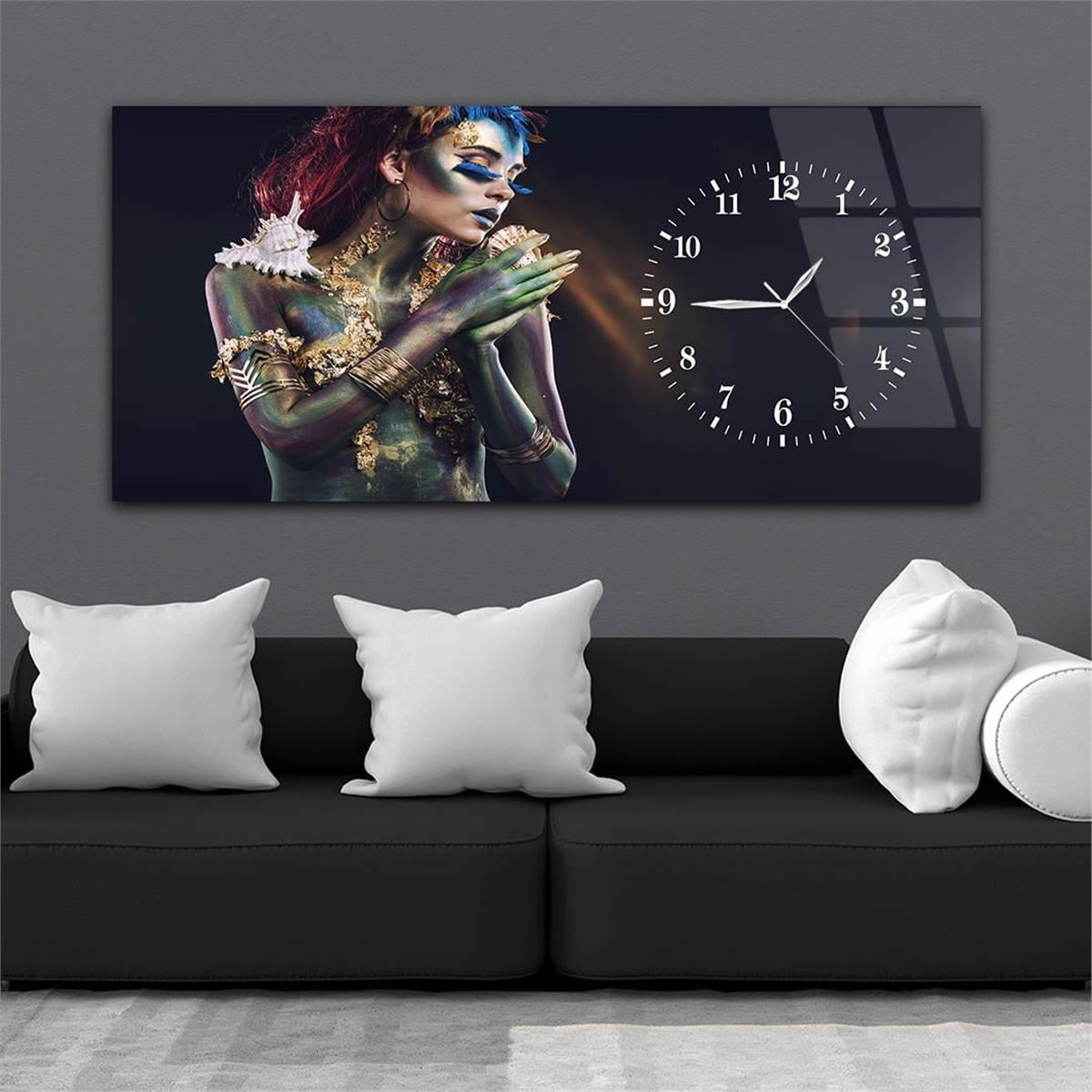 Yatay Saatli Yandan Sanat ve Doğa Temalı Cam Tablo 086