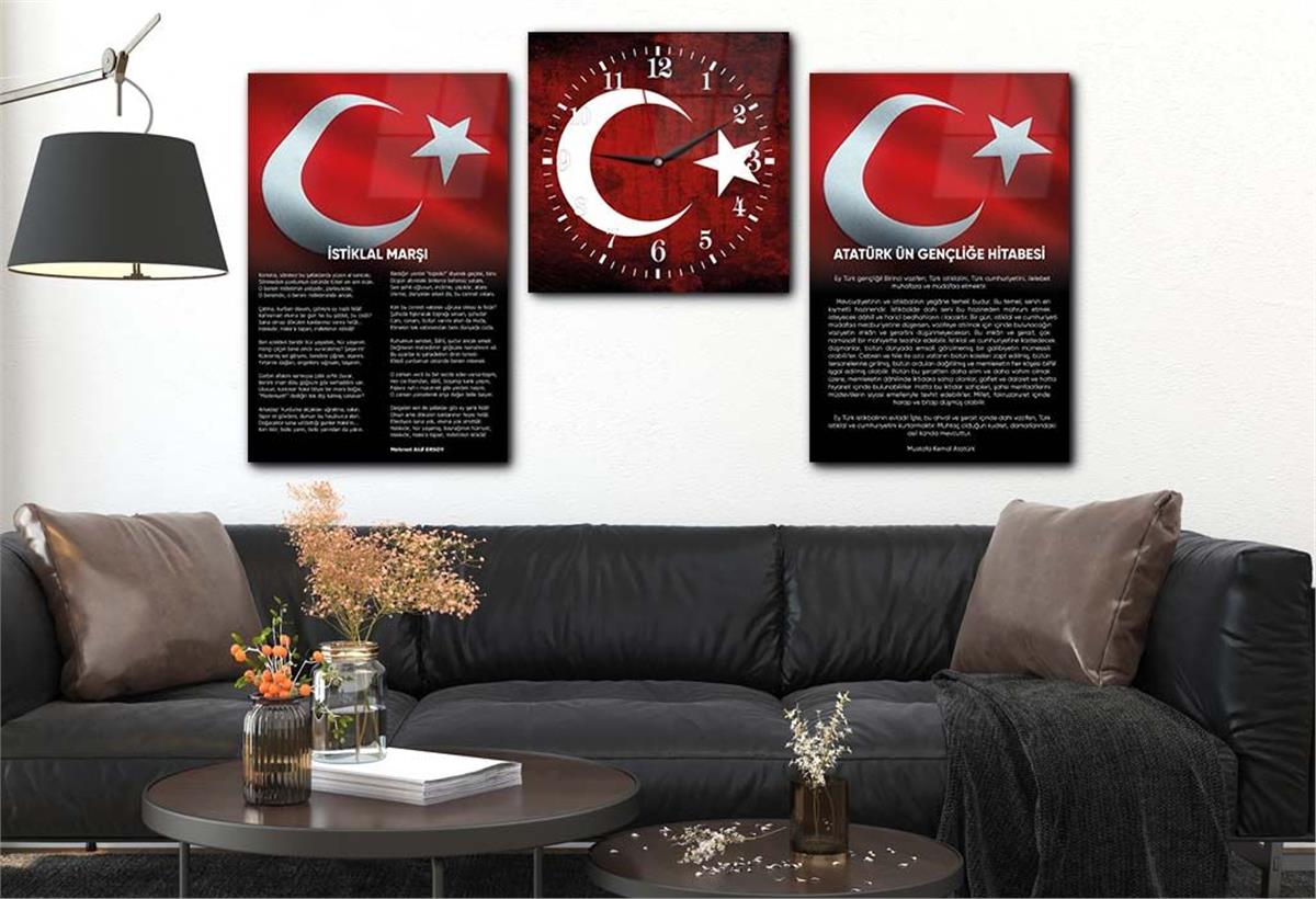 Independence March, Youth Address and Turkish Flag Glass Wall Art Set with Clock