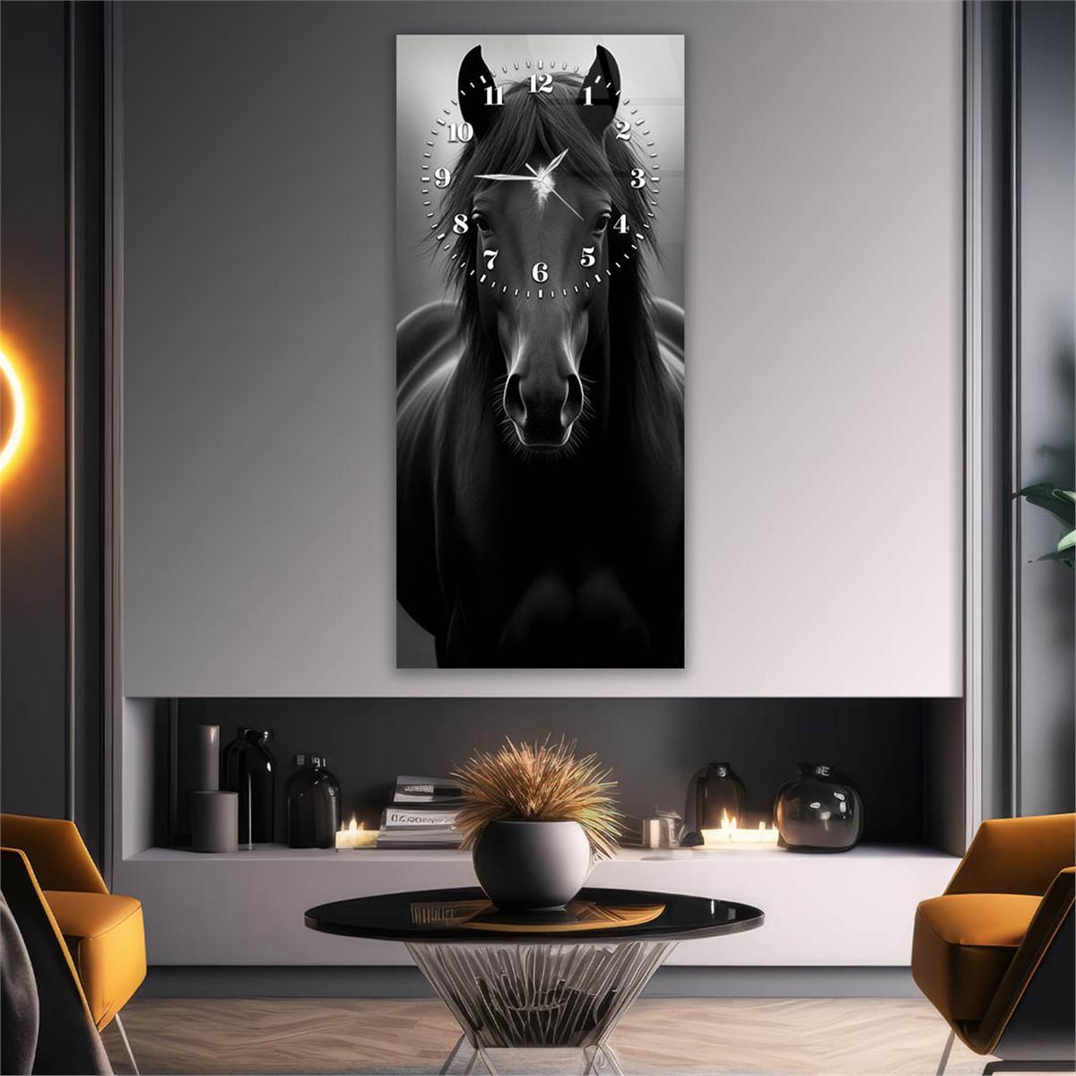 Dikey Üstten Saatli Sanat Temalı Cam Tablo 101