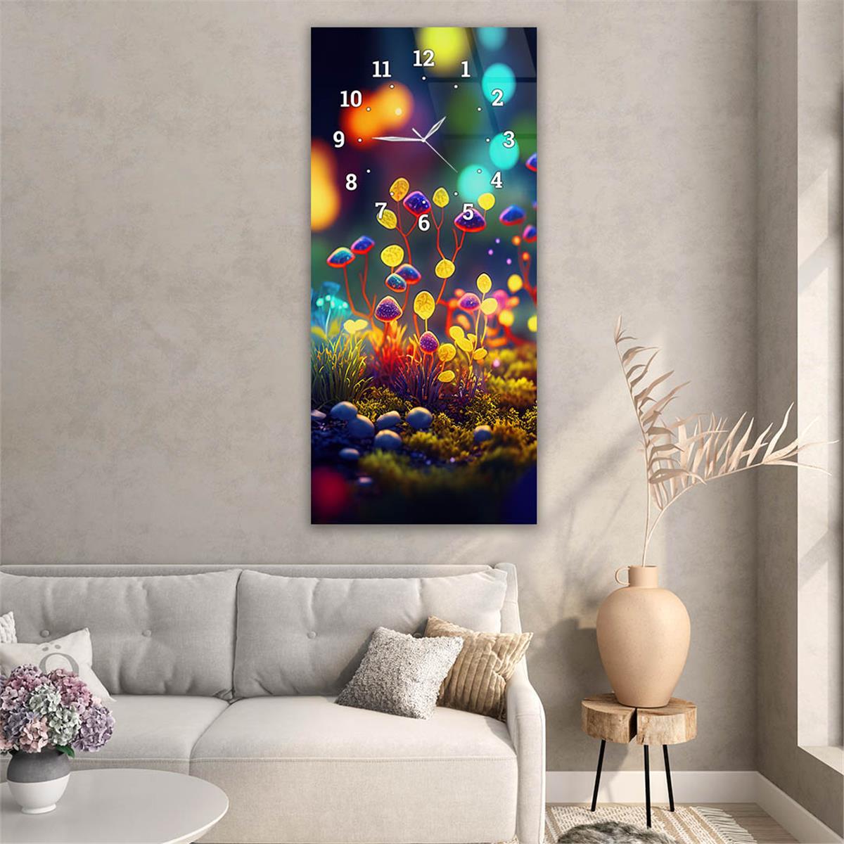 Verticale, Aan De Boven Kant Voorzien Van Een Klok, Kunst en Natuur Thema Gehard Glasschilderij 033