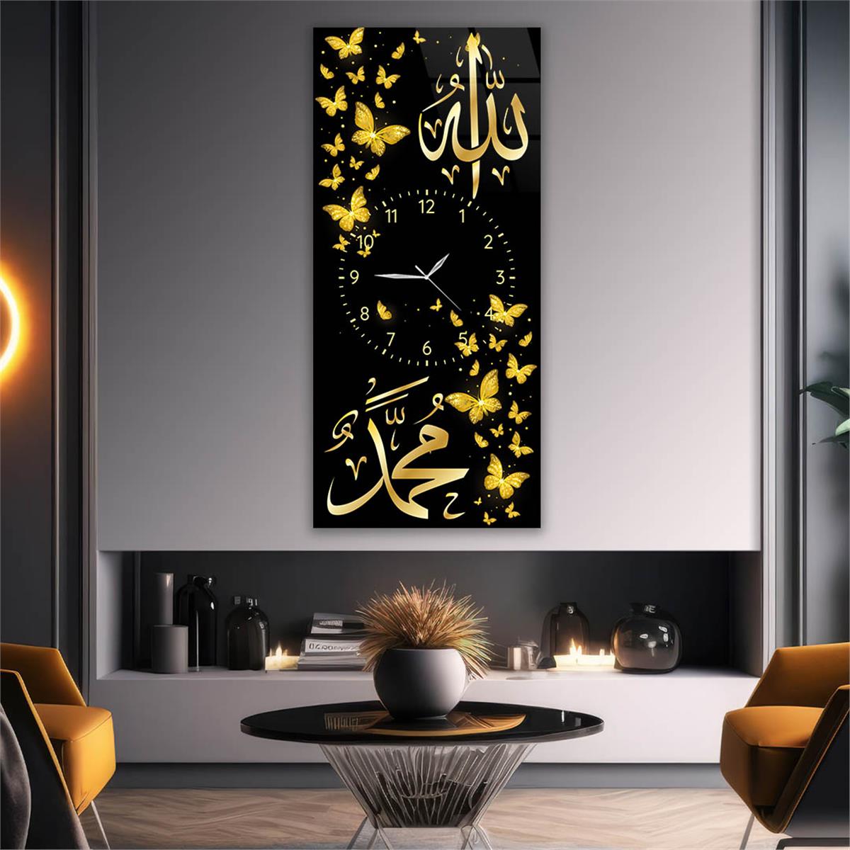 Vertical Religious Themed Glass Wall Art with Clock at the Center 011