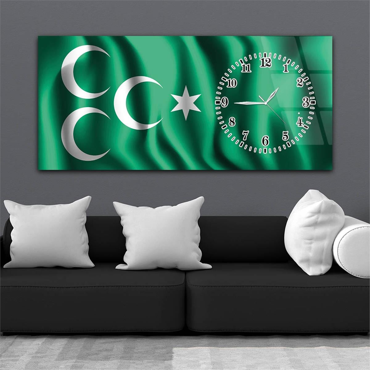 Yatay Saatli Yandan Vatan Temalı Cam Tablo 010