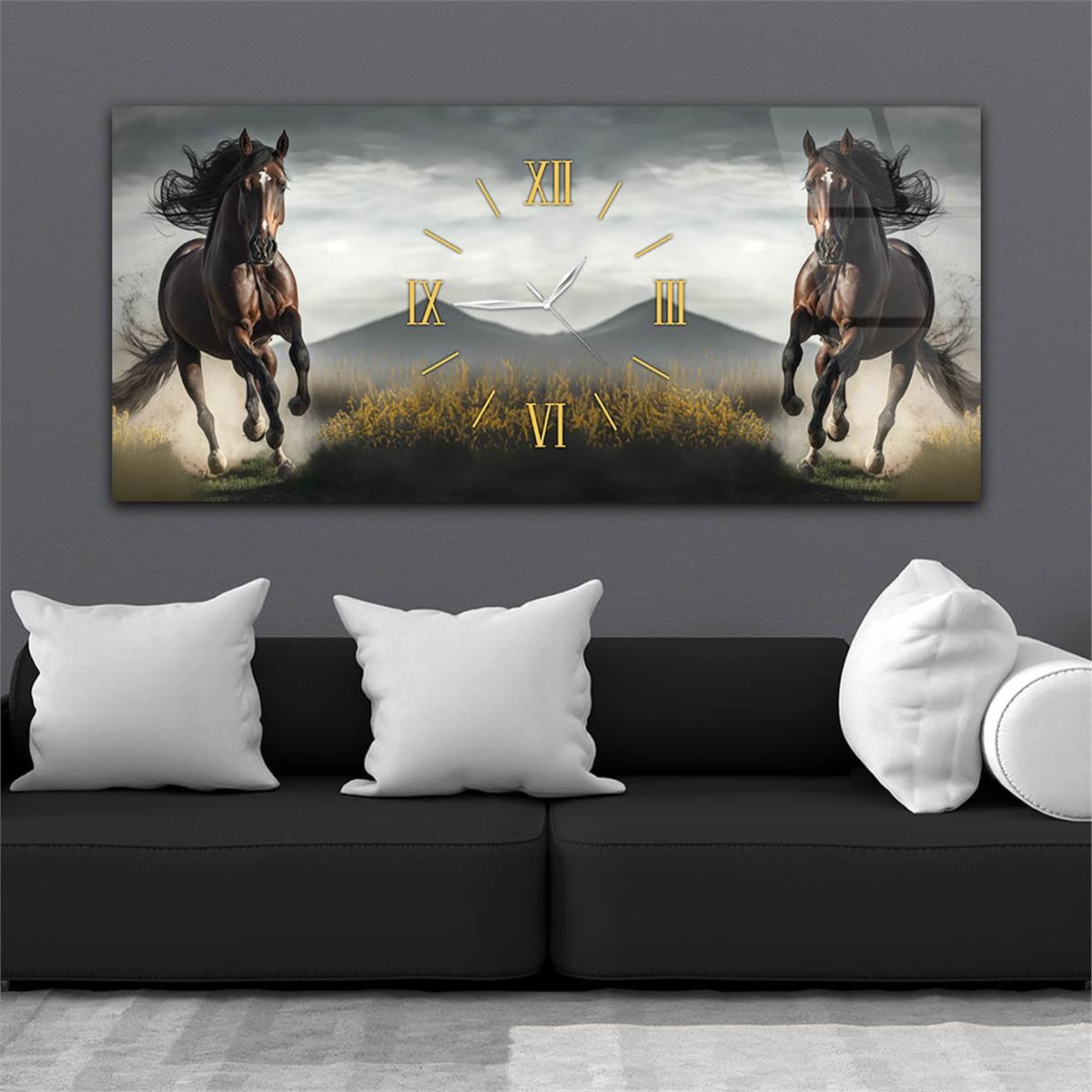 Yatay Ortadan Saatli  Sanat ve Doğa Temalı Cam Tablo 057