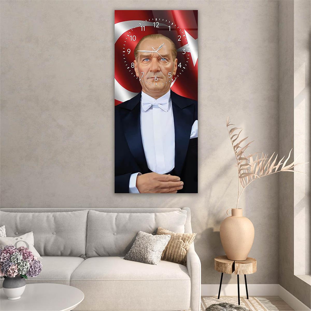 Vertical National Themed Glass Wall Art with Clock at the Top 005