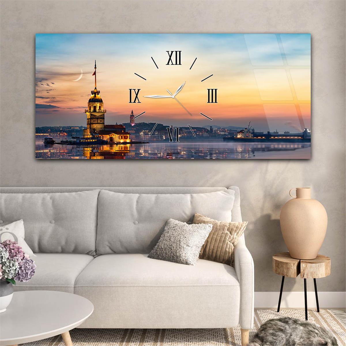 Yatay Ortadan Saatli  Sanat ve Doğa Temalı Cam Tablo 077