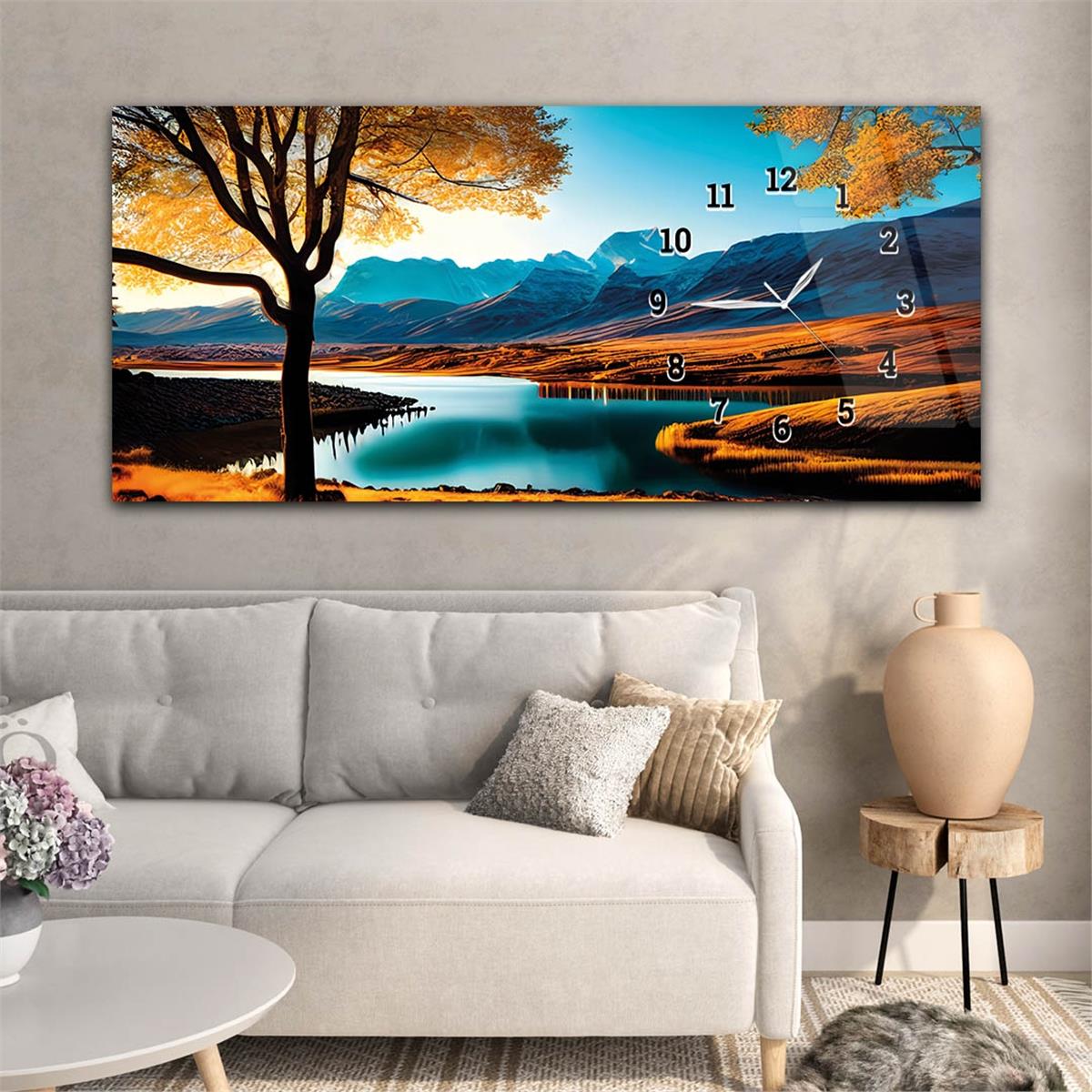 Yatay Saatli Yandan Sanat ve Doğa Temalı Cam Tablo 171