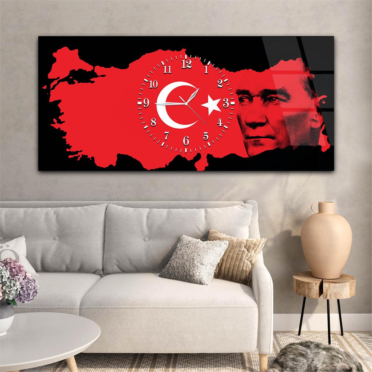 Türkiye Haritası Üzerinde Türk Bayrağı ve Atatürk Saatli Cam Tablo 060