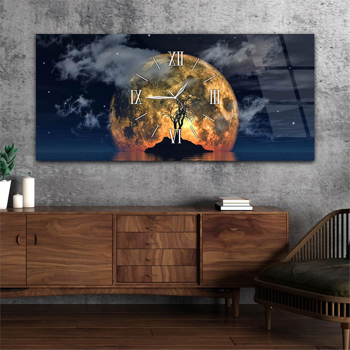 Yatay Ortadan Saatli  Sanat ve Doğa Temalı Cam Tablo 071