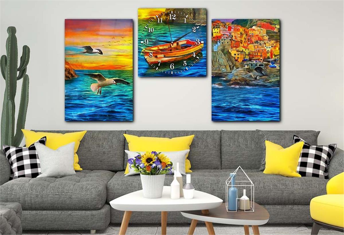 Tempered Glasss Wall Arts Art-Themed Set with Clock