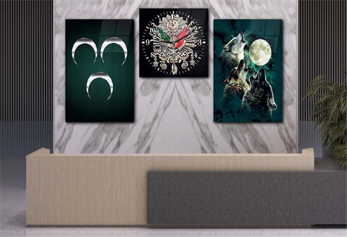Ottoman State Coat of Arms and Three Crescent and Gray Wolf Tempered Glass Wall Art Set with Clock