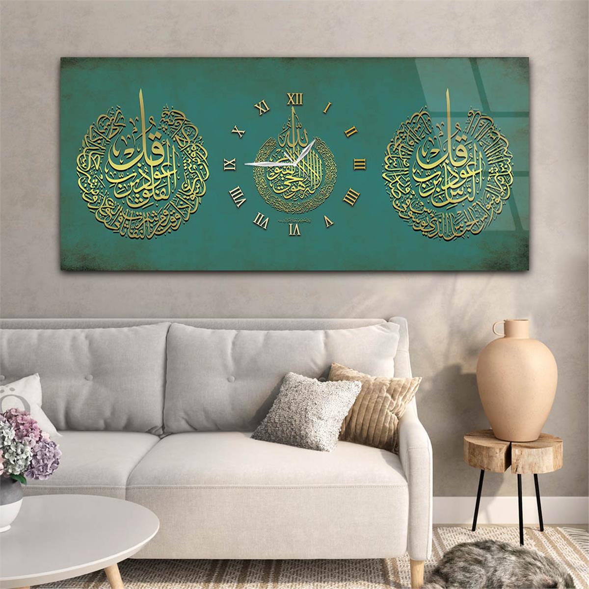 Yatay Ortadan Saatli  Dini Temalı Cam Tablo 079