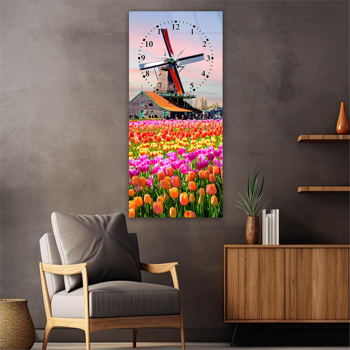 Dikey Üstten Saatli Sanat Temalı Cam Tablo 038