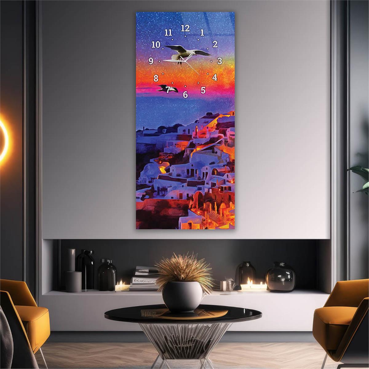 Dikey Üstten Saatli Sanat Temalı Cam Tablo 050