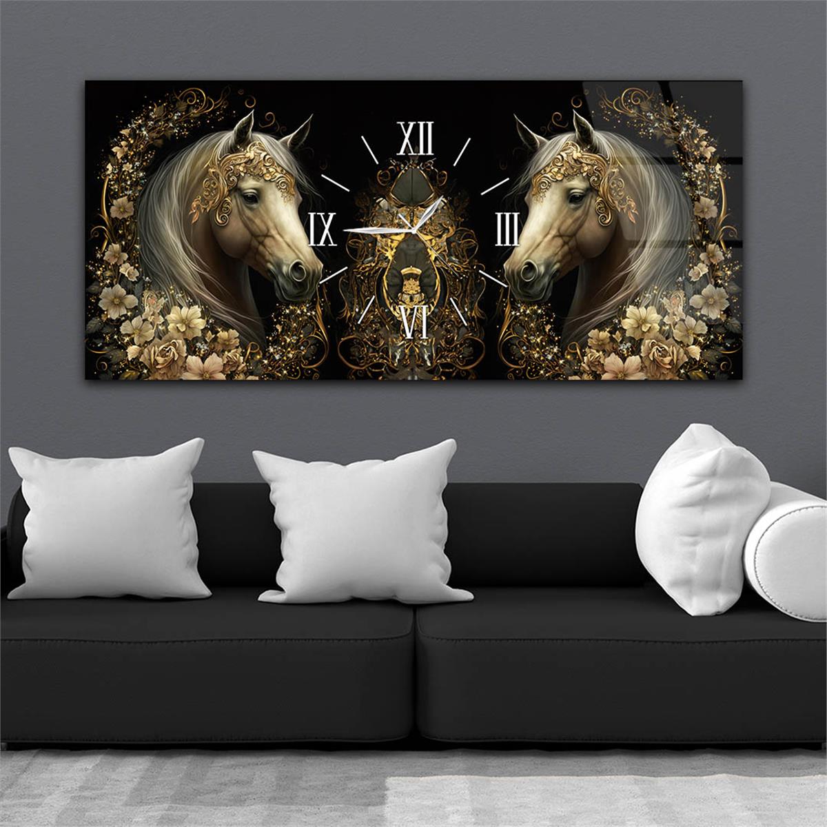 Yatay Ortadan Saatli  Sanat ve Doğa Temalı Cam Tablo 070