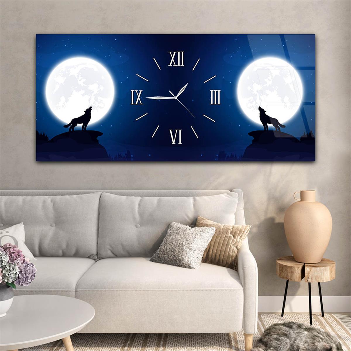 Yatay Ortadan Saatli  Sanat ve Doğa Temalı Cam Tablo 100