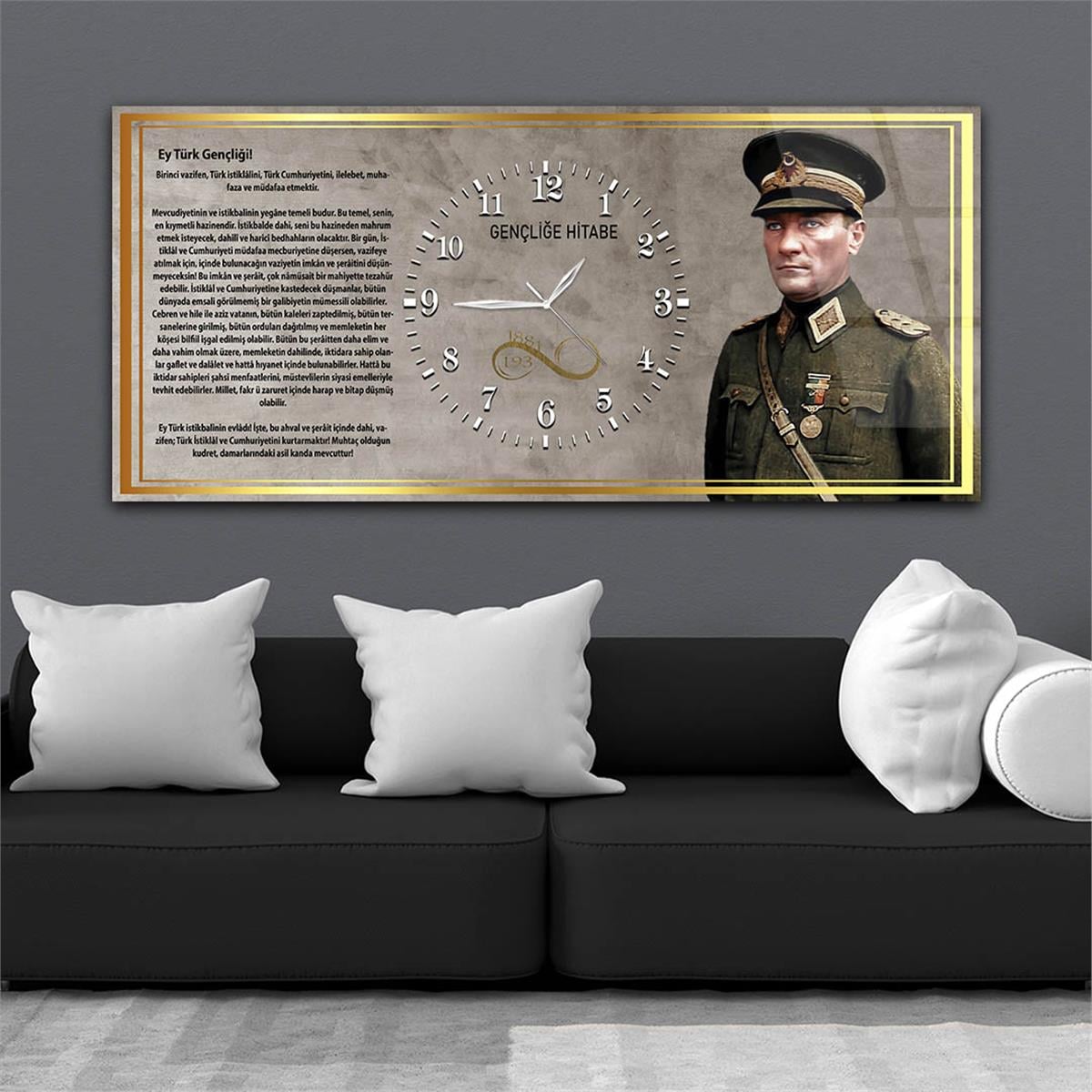 Askeri Kıyafetli Mustafa Kemal Atatürk ve Gençliğe Hitabesi Saatli  Cam Tablo 042