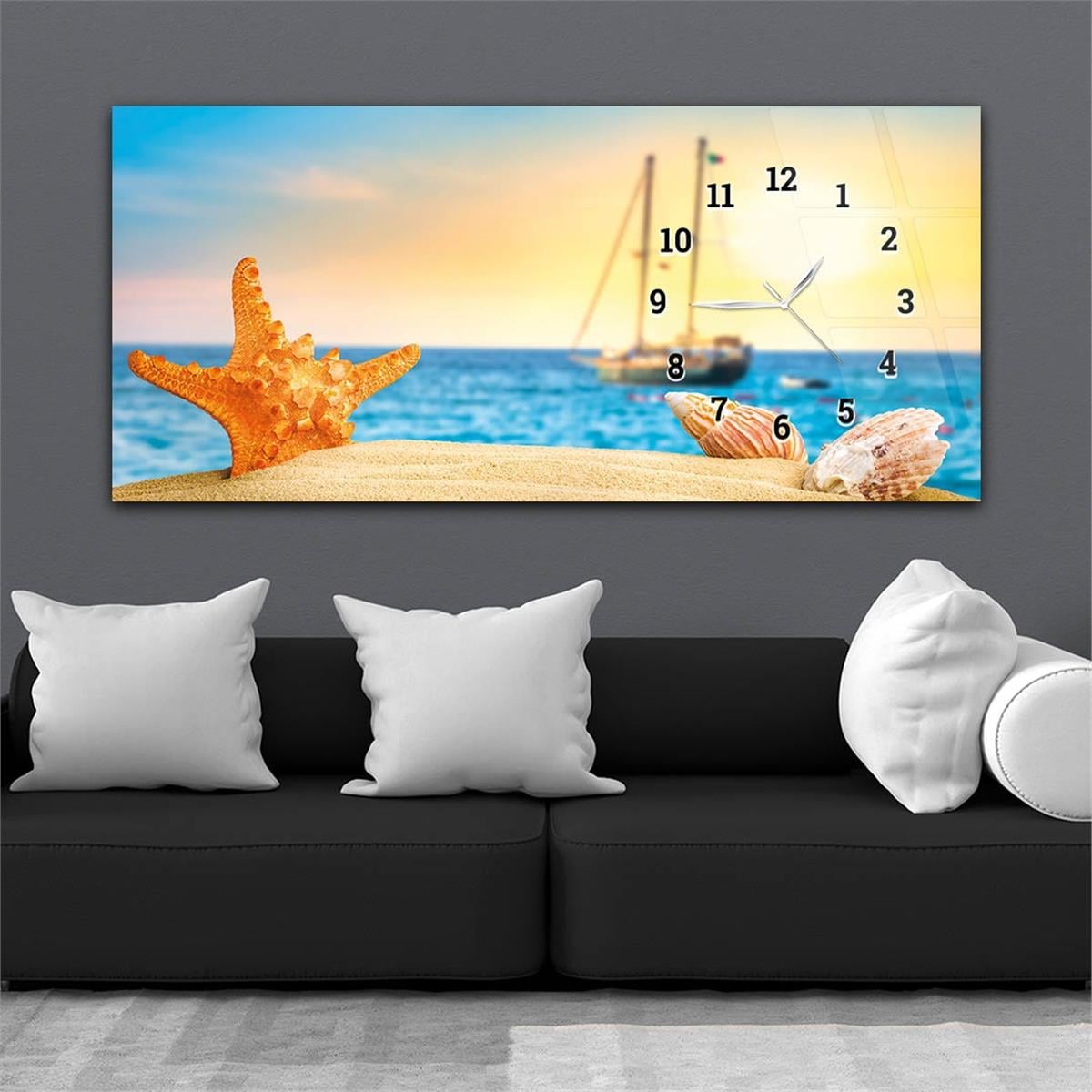 Beach Starfish, Seashell and Sailboat Horizontaal, Aan De Zijkant Voorzien Van Een Klok, Kunst en Natuur Thema Gehard Glasschilderij 235