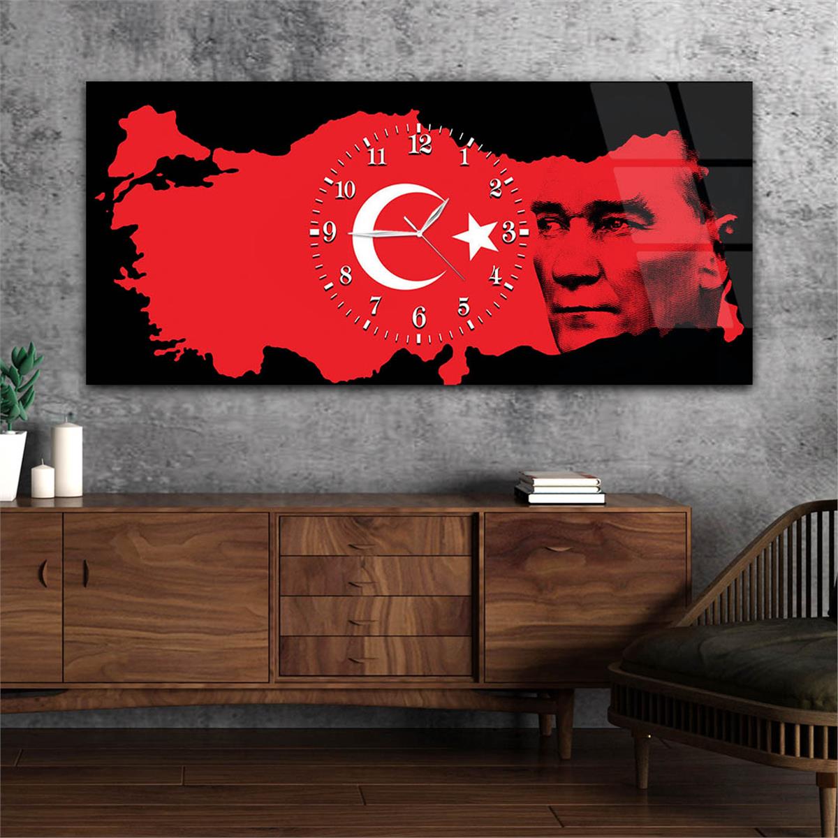 Türkiye Haritası Üzerinde Türk Bayrağı ve Atatürk Saatli Cam Tablo 060