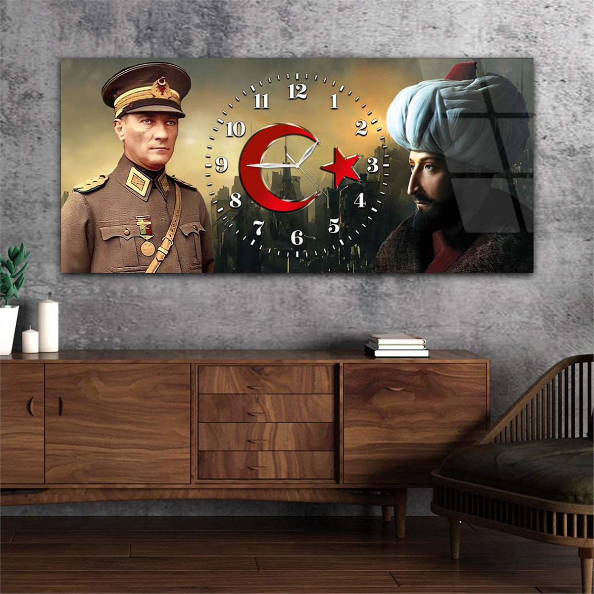 Yatay Saatli Ortadan Vatan Temalı Cam Tablo 158