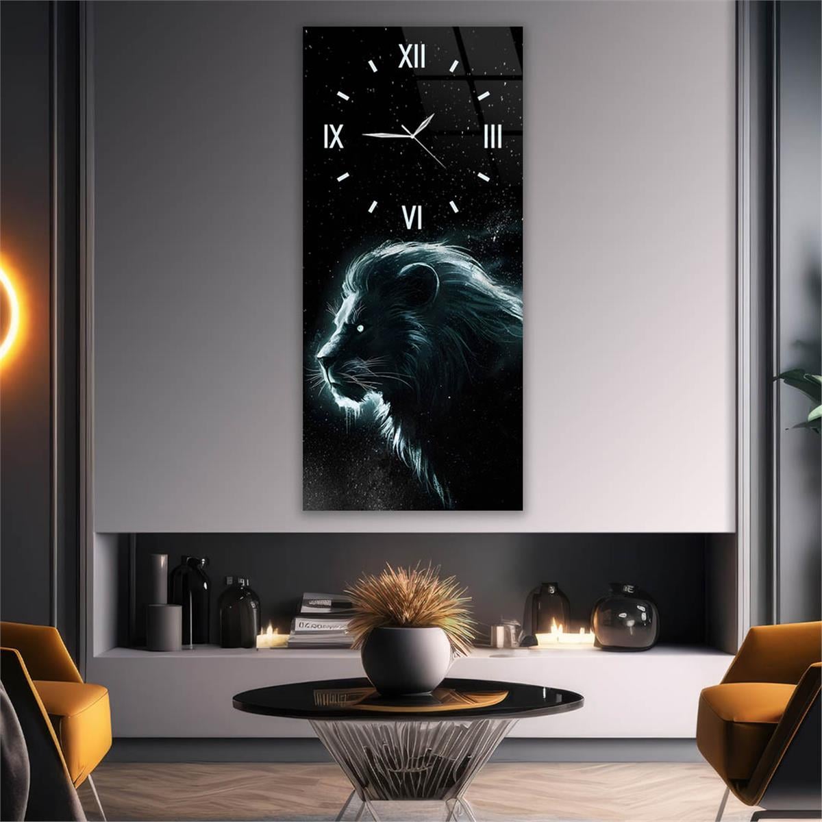 Dikey Üstten Saatli Sanat Temalı Cam Tablo 098