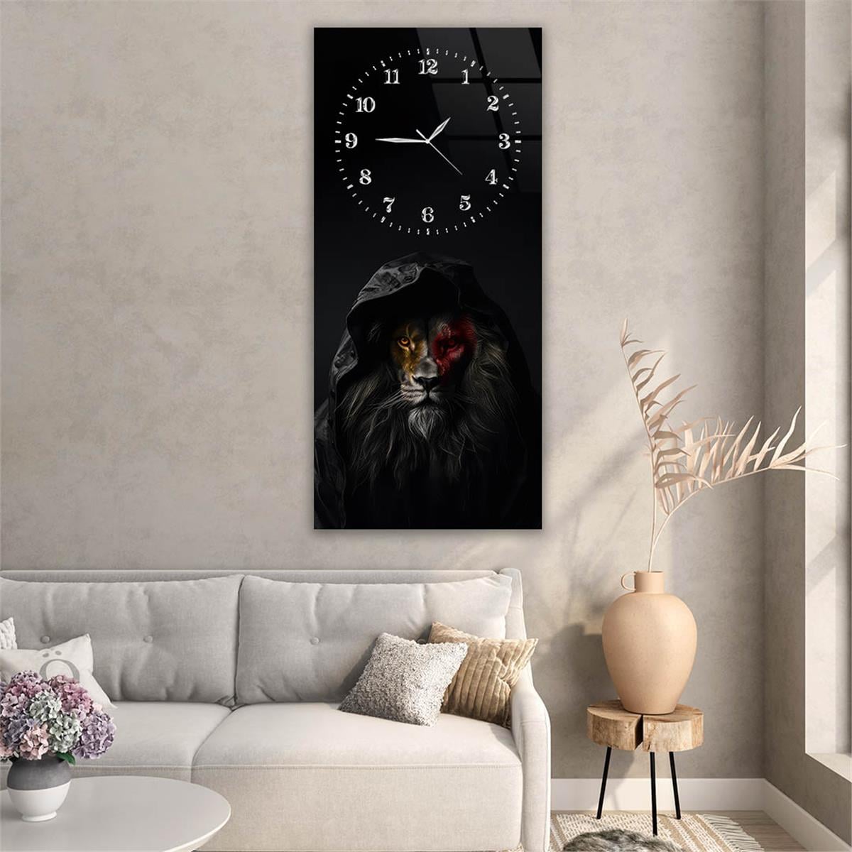 Dikey Üstten Saatli Sanat Temalı Cam Tablo 090