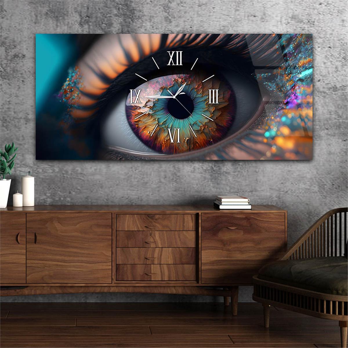 Yatay Ortadan Saatli  Sanat ve Doğa Temalı Cam Tablo 098