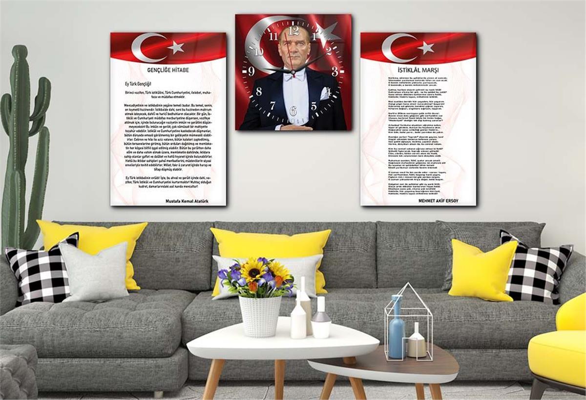 Atatürk and Independence March Glass Wall Art Set with Clock