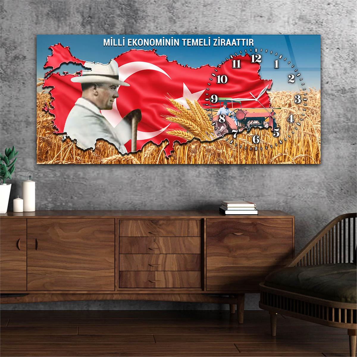 Yatay Saatli Yandan Vatan Temalı Cam Tablo 037
