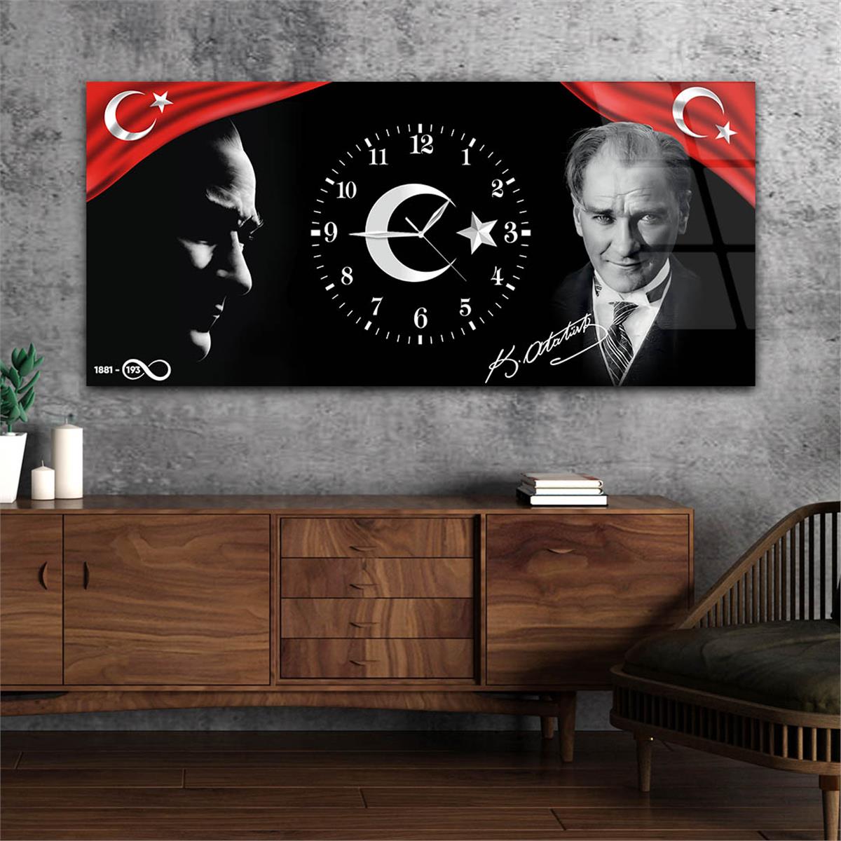 Yatay Saatli Ortadan Vatan Temalı Cam Tablo 166
