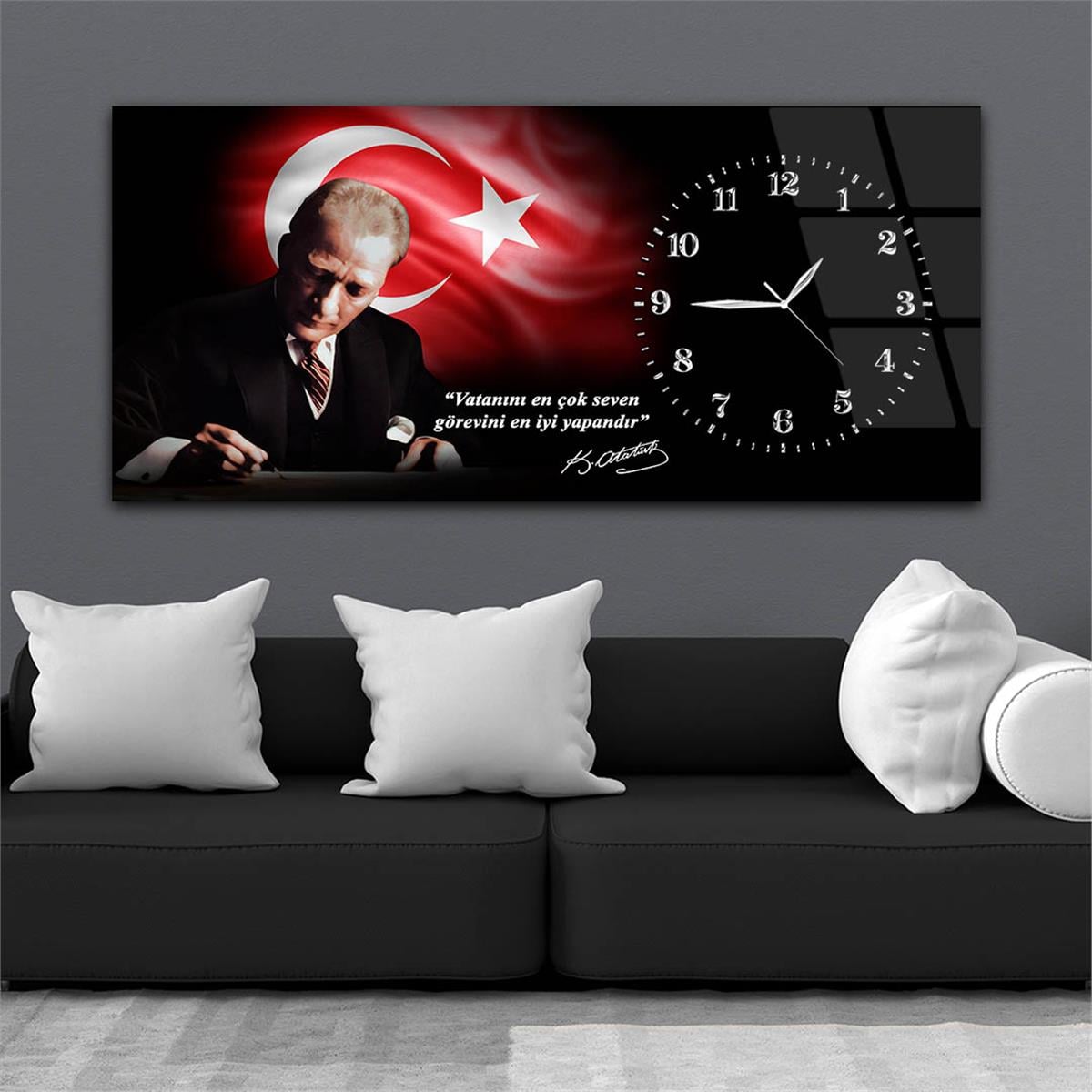 Yatay Saatli Yandan Vatan Temalı Cam Tablo 036