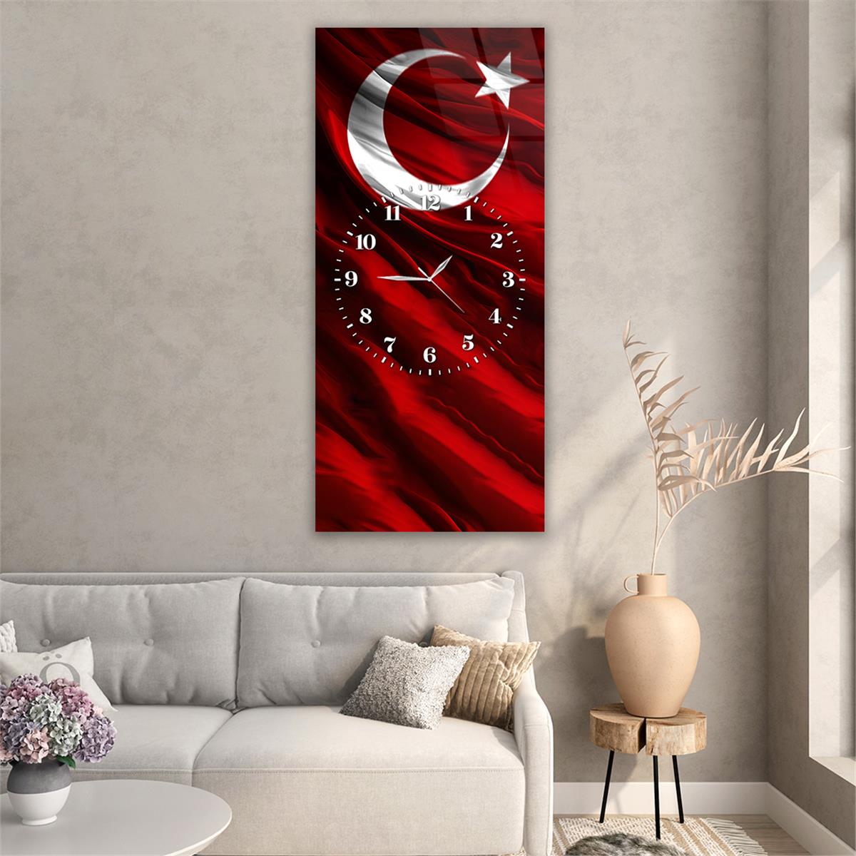 Dikey Ortadan Saatli Vatan Temalı Cam Tablo 001