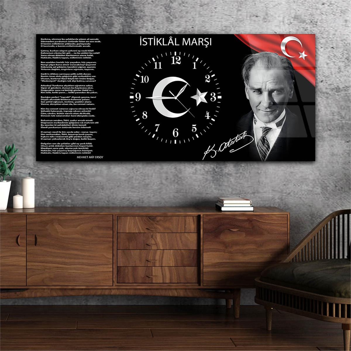 Yatay Ortadan Saatli  Vatan Temalı Cam Tablo 014