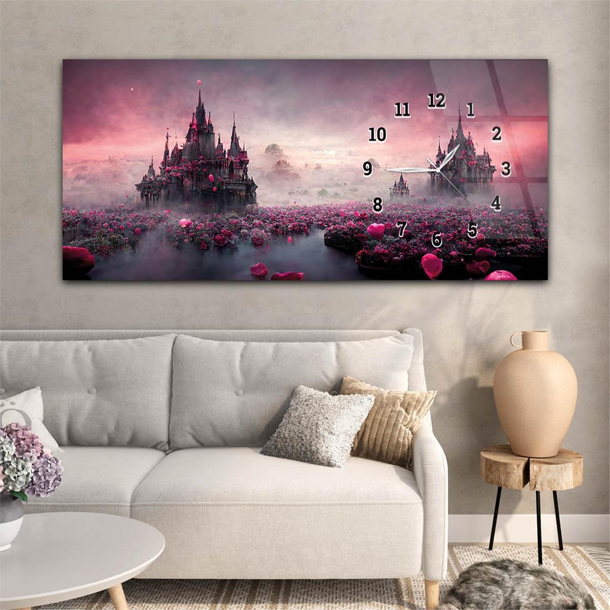 Yatay Saatli Yandan Sanat ve Doğa Temalı Cam Tablo 223