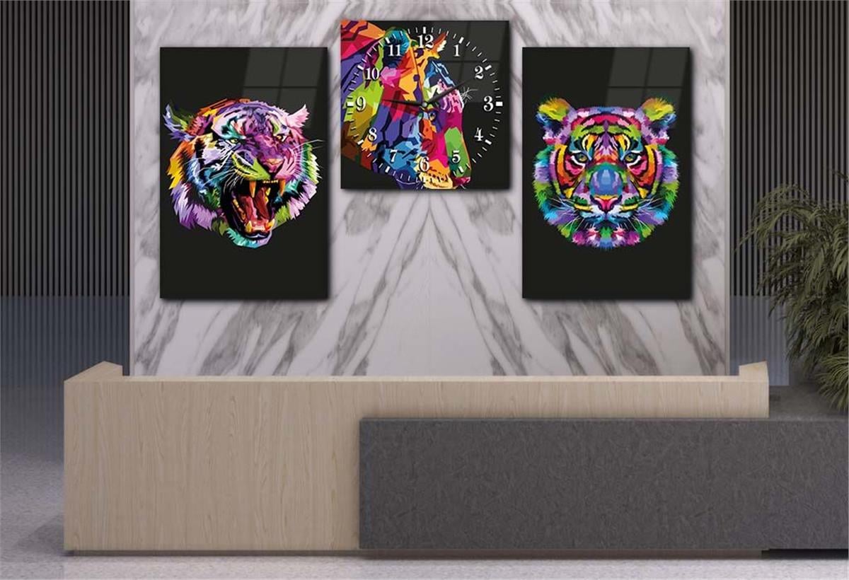 Tiger Tempered Glass Wall Art Set with Clock