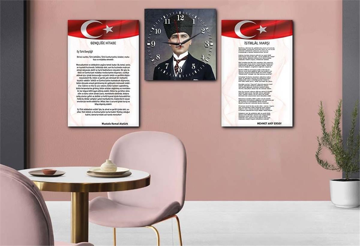 Atatürk and Independence March Glass Wall Art Set with Clock