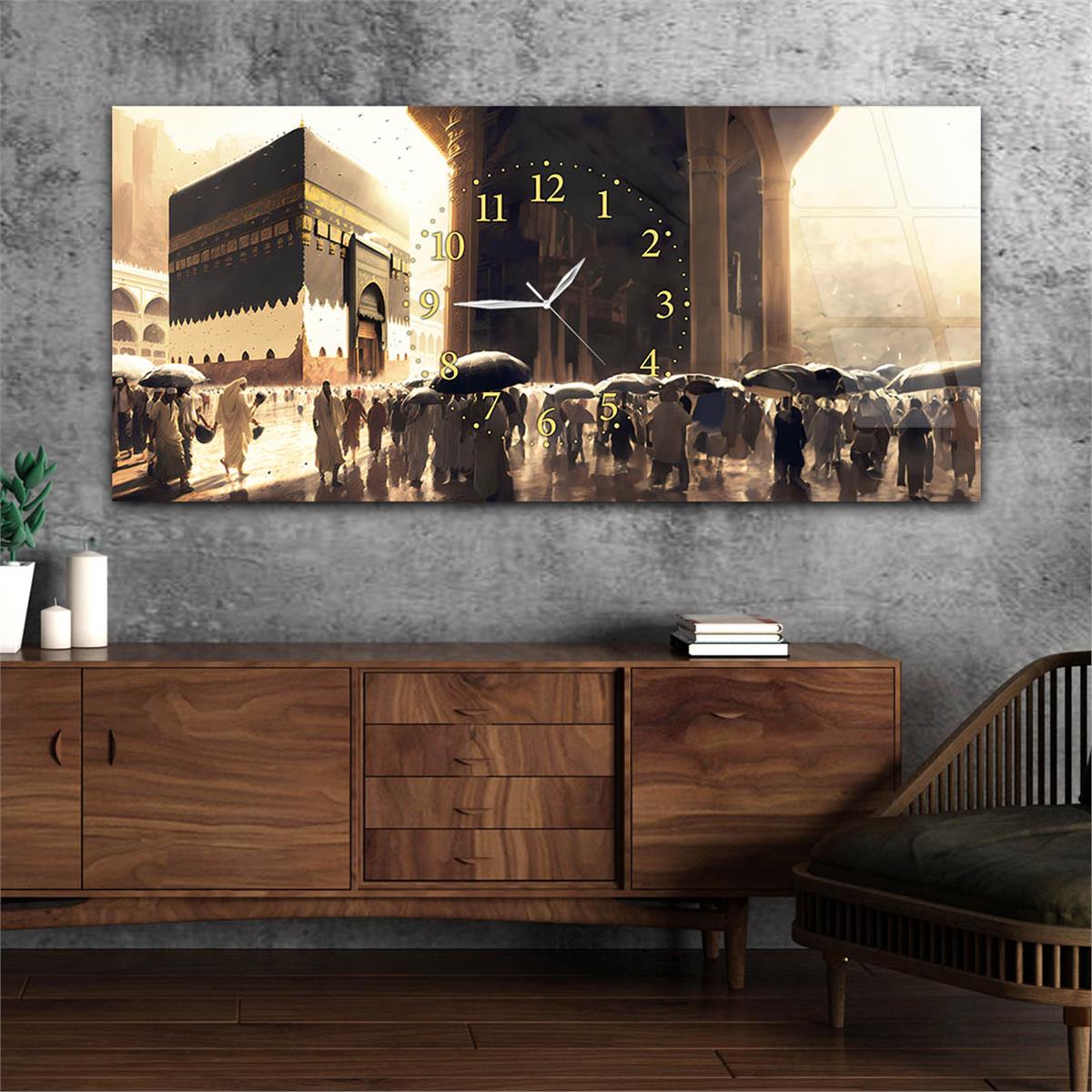 Yatay Ortadan Saatli  Dini Temalı Cam Tablo 087