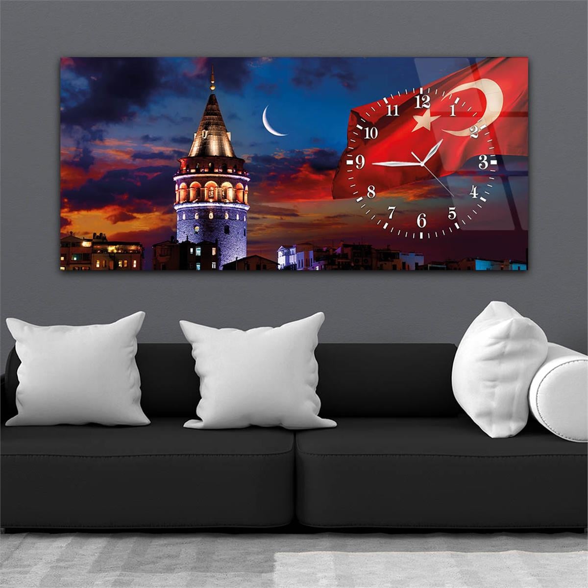 Yatay Saatli Yandan Vatan Temalı Cam Tablo 015