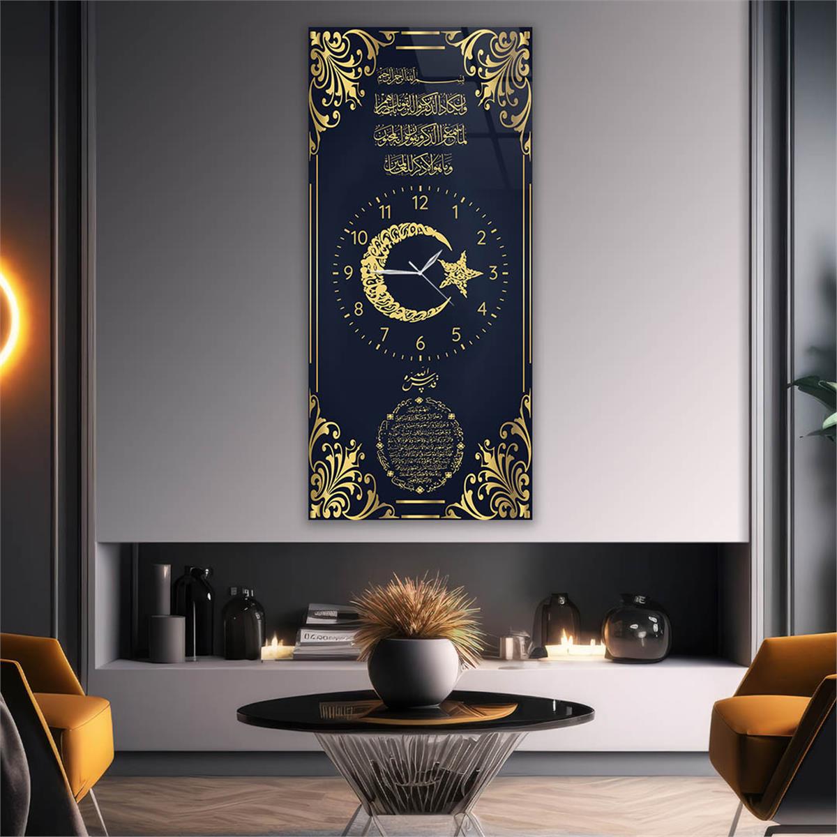 Vertical Religious Themed Glass Wall Art with Clock at the Center 021