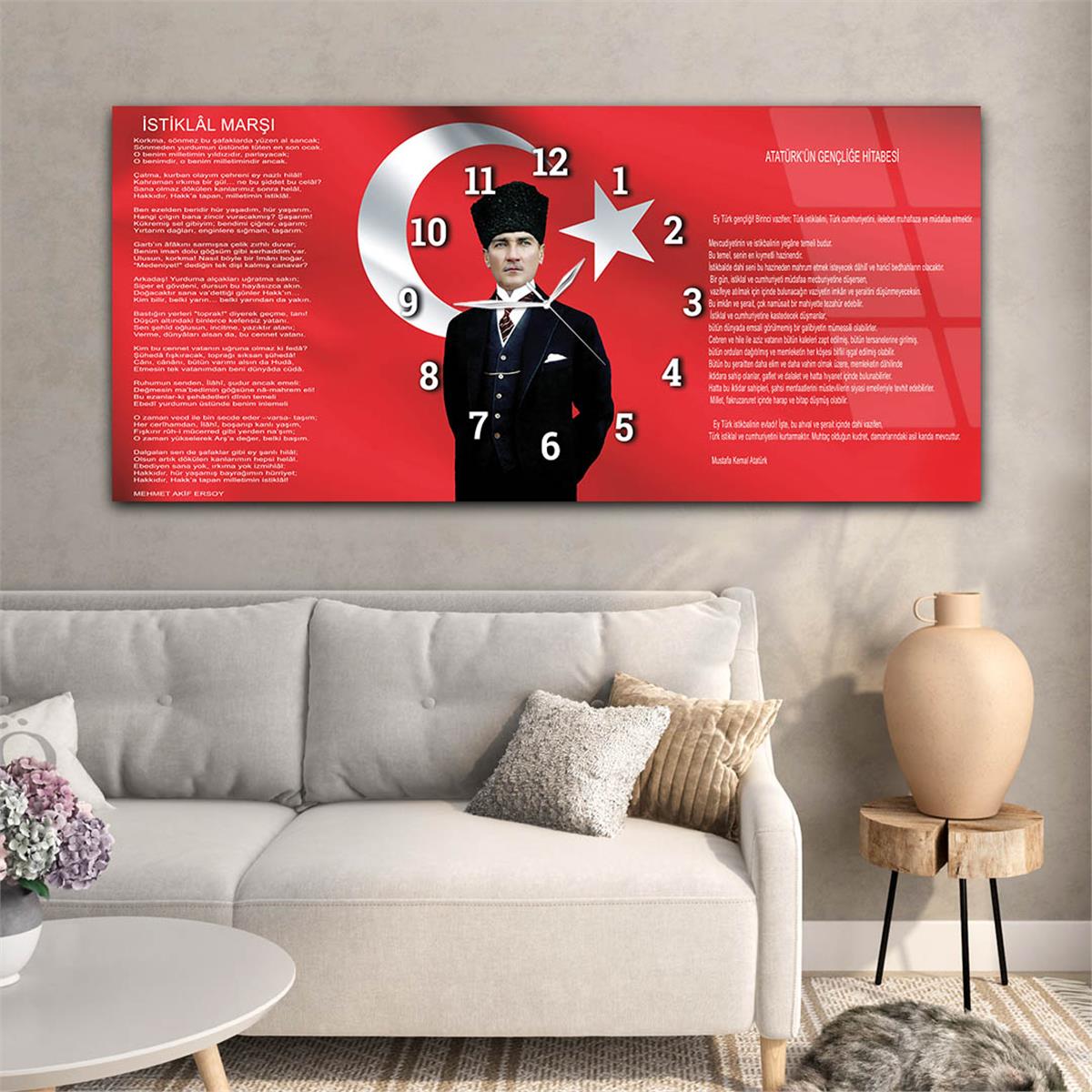 Yatay Saatli Ortadan Vatan Temalı Cam Tablo 096