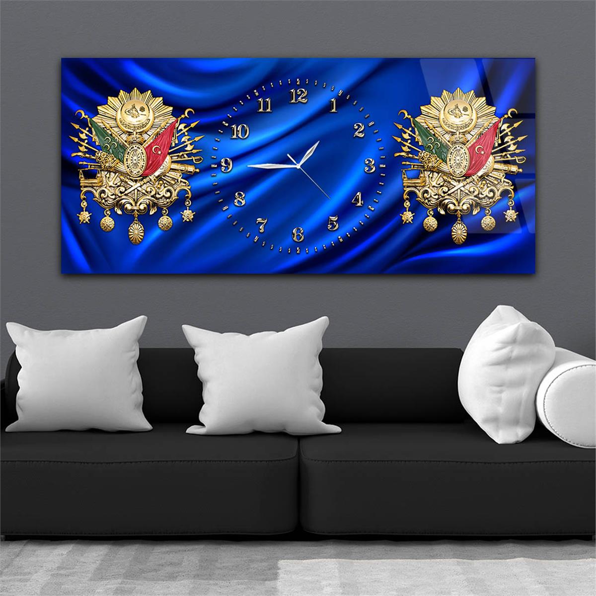 Yatay Saatli Ortadan Vatan Temalı Cam Tablo 147