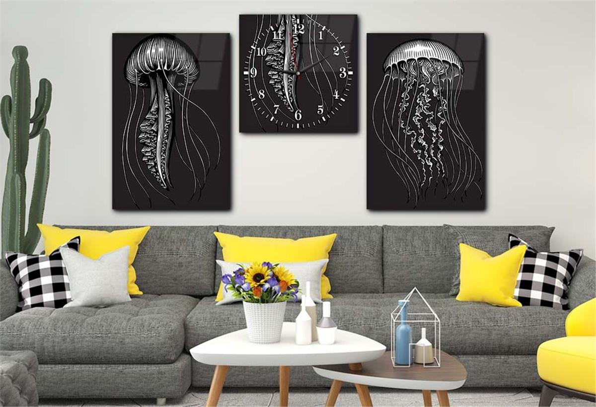 Tempered Glasss Wall Arts Art-Themed Set with Clock