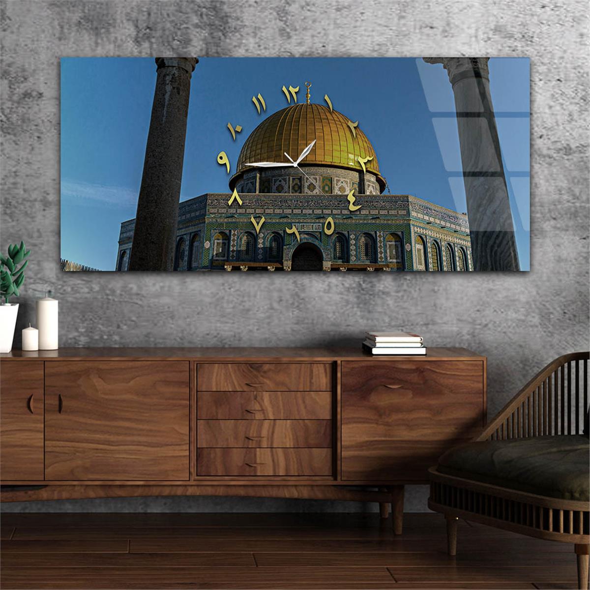 Yatay Ortadan Saatli  Dini Temalı Cam Tablo 006