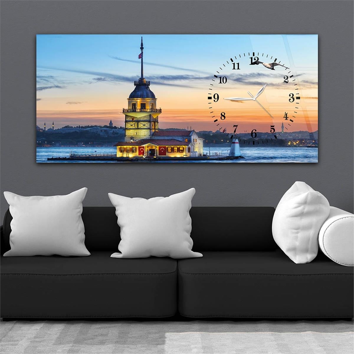 Yatay Saatli Yandan Sanat ve Doğa Temalı Cam Tablo 061
