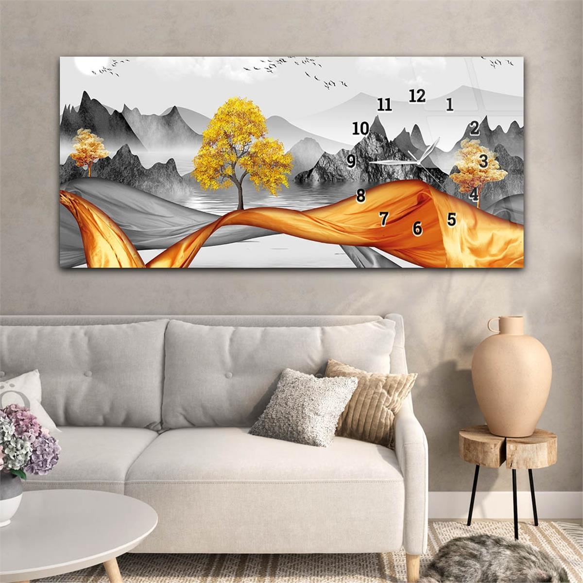 Yatay Saatli Yandan Sanat ve Doğa Temalı Cam Tablo 168