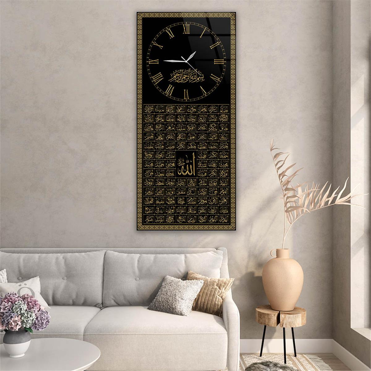 Vertical Religious Themed Glass Wall Art with Clock at the Top  051