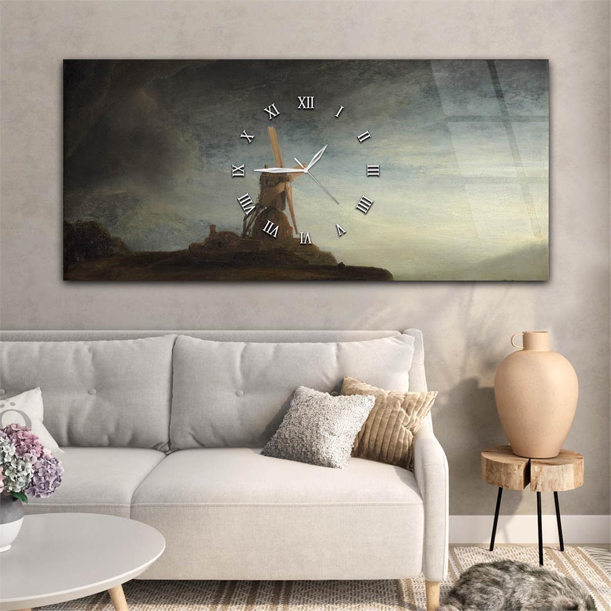 Horizontaal, in Het Midden Voorzien Van Een Klok, Kunst En Natuur Thema Gehard Glasschilderij 032